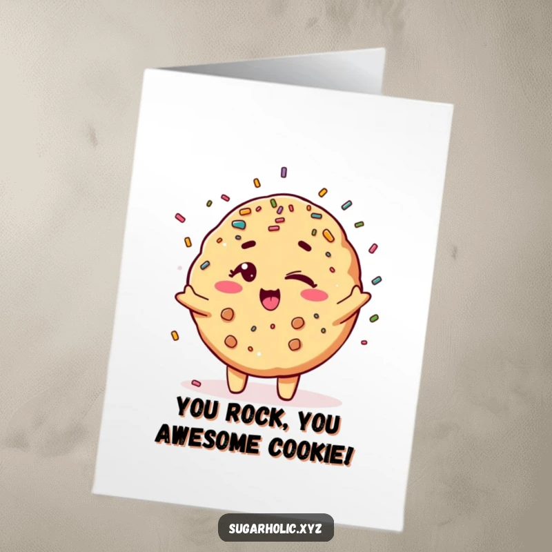 Funny Free Printable Congratulations Card featuring a winking cookie character showering bright sprinkles to celebrate success.