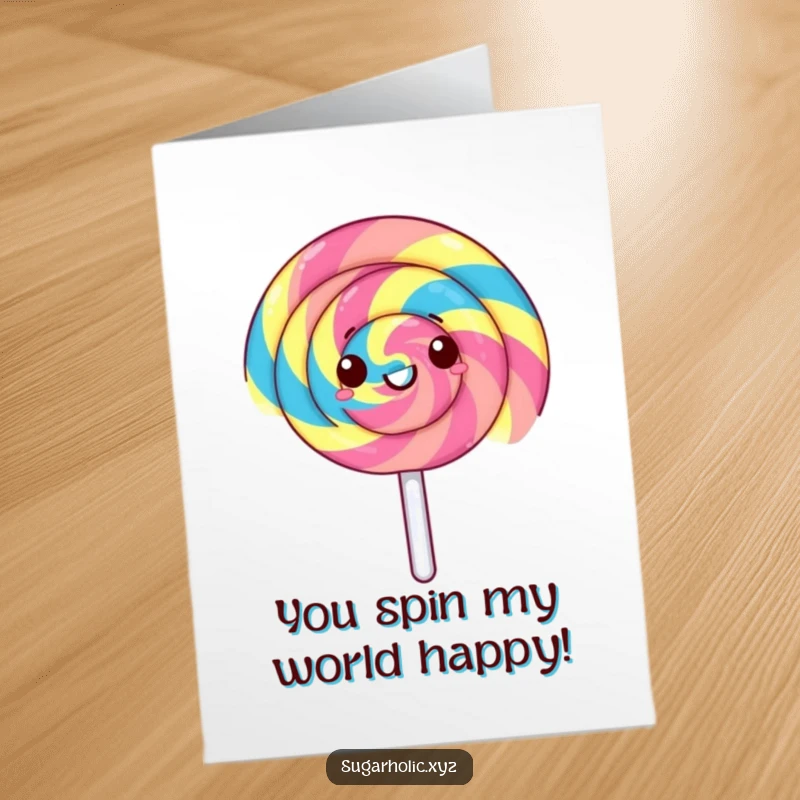 Funny Free Printable Congrats Card: A gleeful lollipop in rapid spin with rainbow stripes, celebrating success dynamically.
