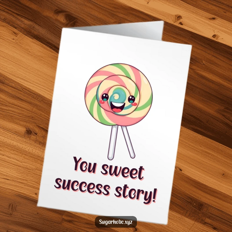Funny Free Printable Congrats Card: A happy lollipop with a swirling pattern spinning energetically, signifying sweet and exciting congratulations.