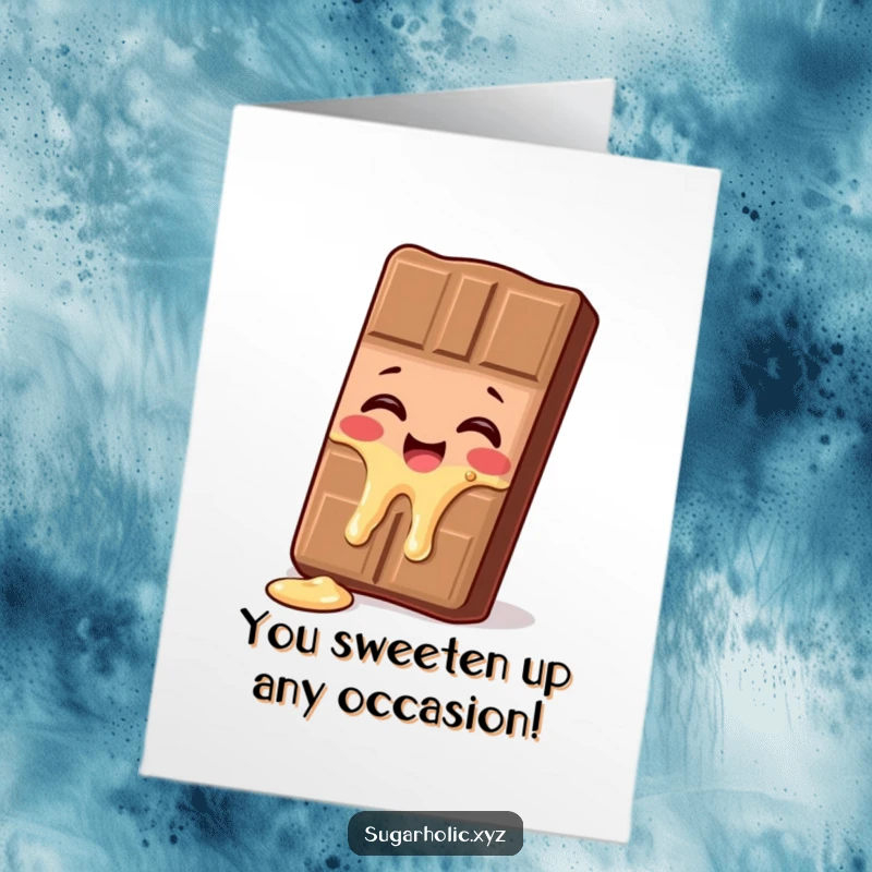 Funny Free Printable Congratulations Card: Giggling chocolate bar melting with delight, perfect for celebrating any success with humor.