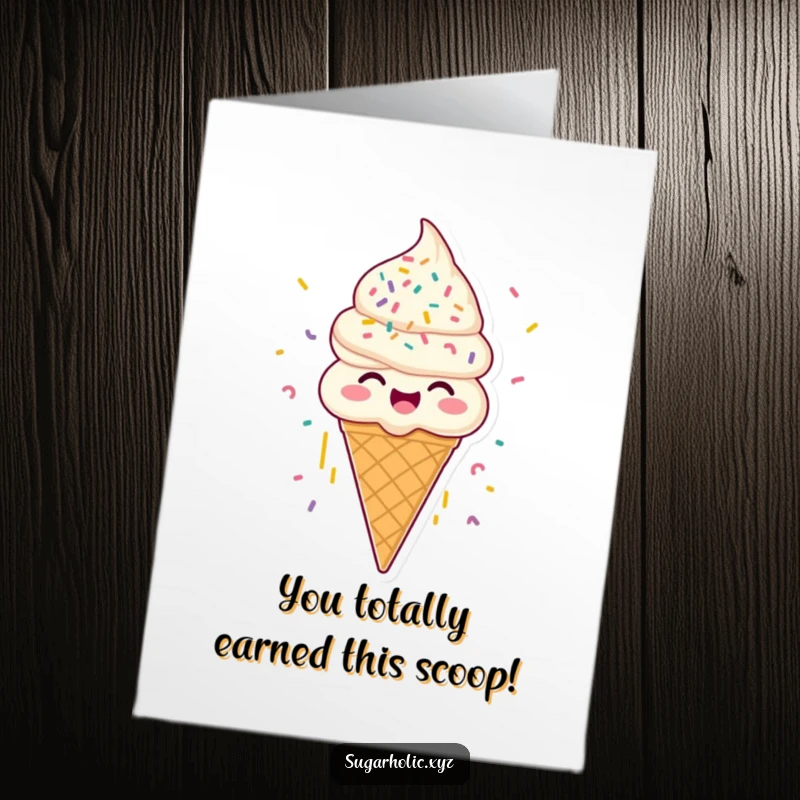 Funny Free Printable Congratulations Card: Joyous ice cream cone character with sprinkles raining down, celebrating a cool achievement.