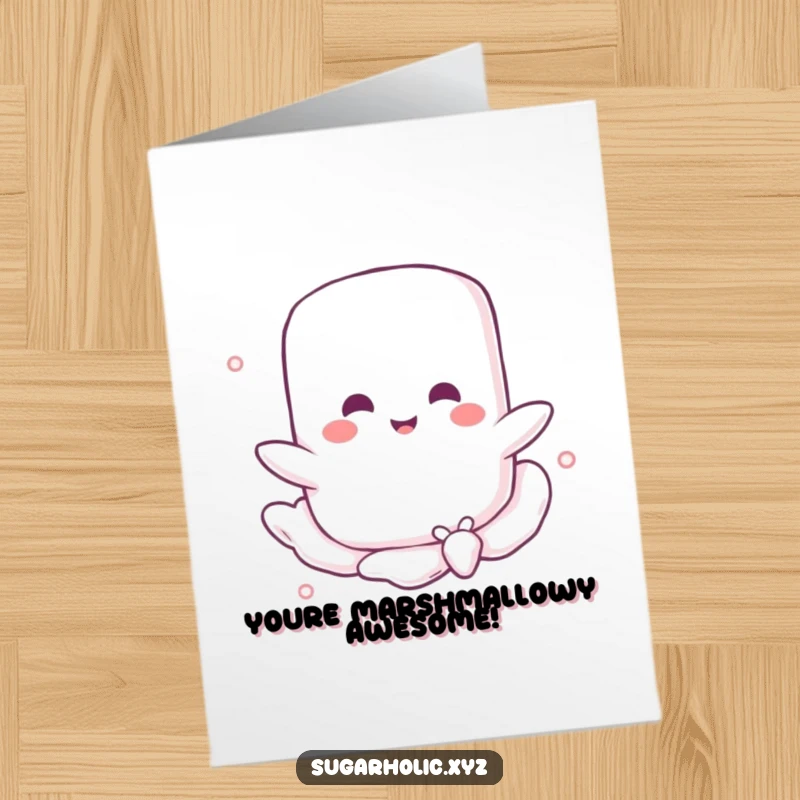 Funny Free Printable Congratulations Card showing a happy marshmallow floating serenely on a sugary breeze, celebrating achievements.