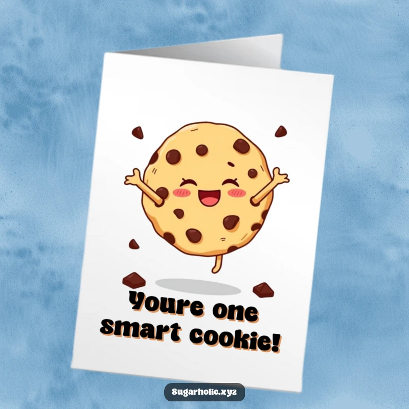 Funny Free Printable Congratulations Card: A cheerful cookie with chocolate chips performing an impressive cartwheel. A unique downloadable greeting.