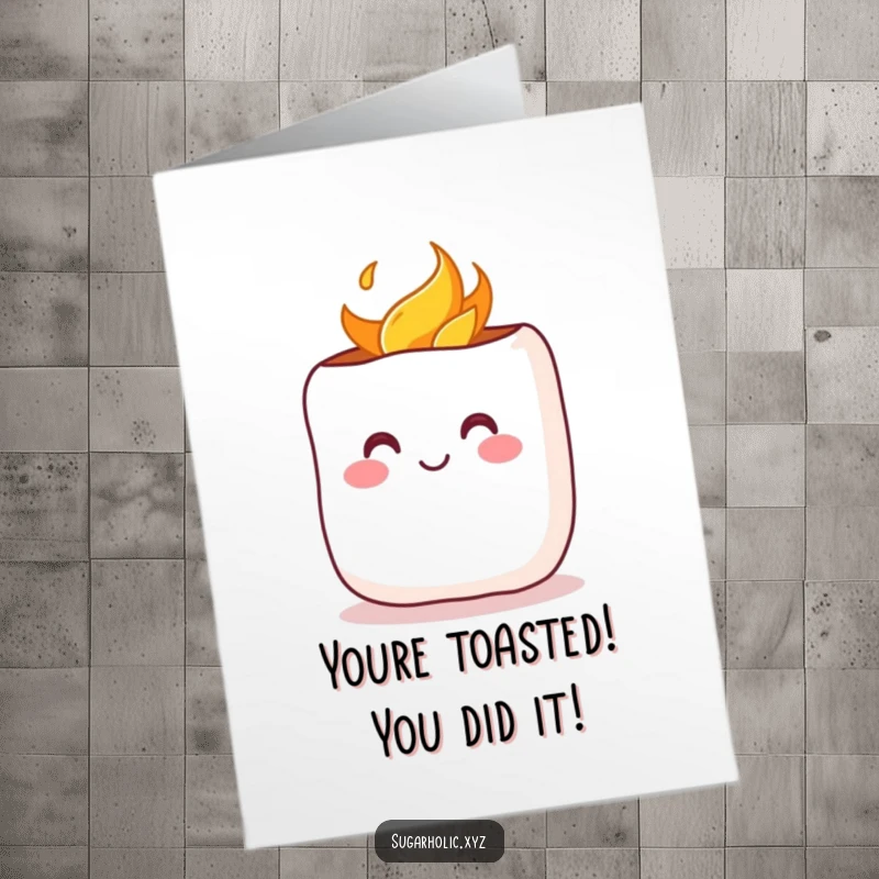 Funny Free Printable Congrats Card: A blushing marshmallow being toasted, exuding warmth and cheerful congratulations.