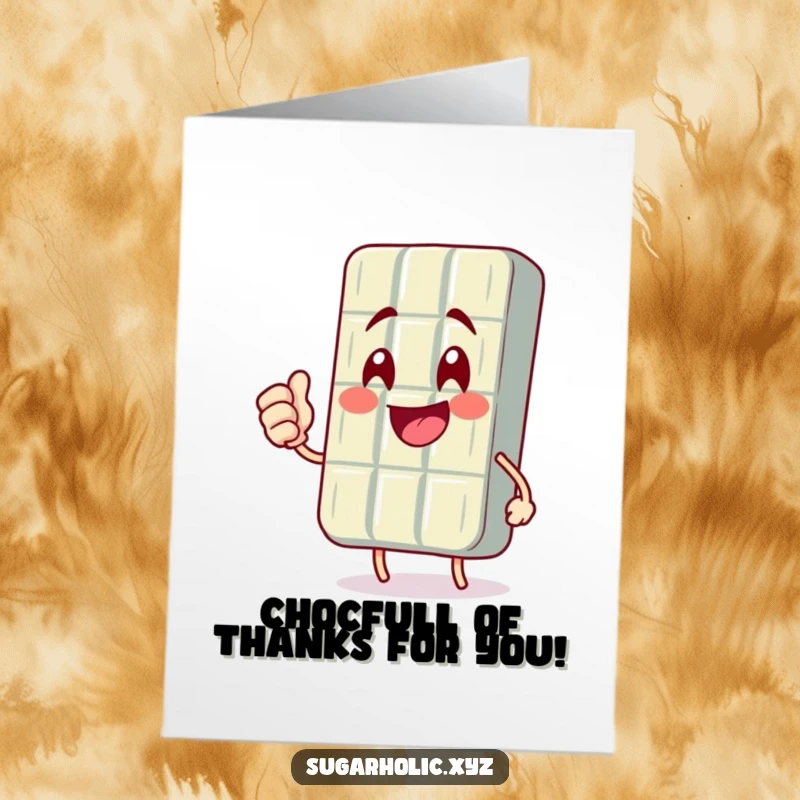 Funny Free Printable Thank You Card of a smiling chocolate bar character giving a celebratory fist pump to say thanks.