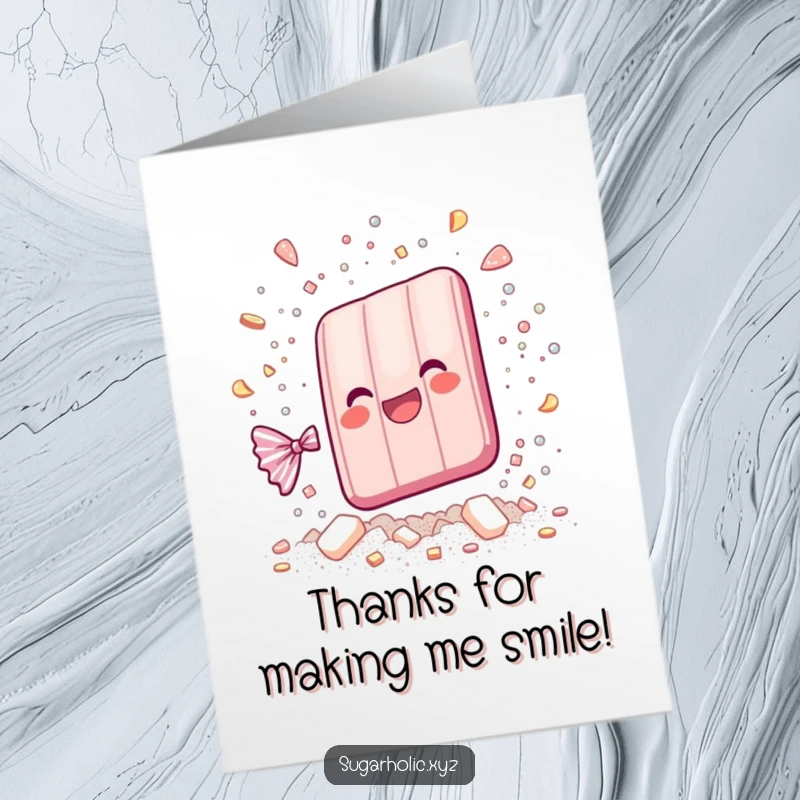 Funny Free Printable Thank You Card: A whimsical candy bar shatters into joyful, sparkling sugar particles, saying thanks.