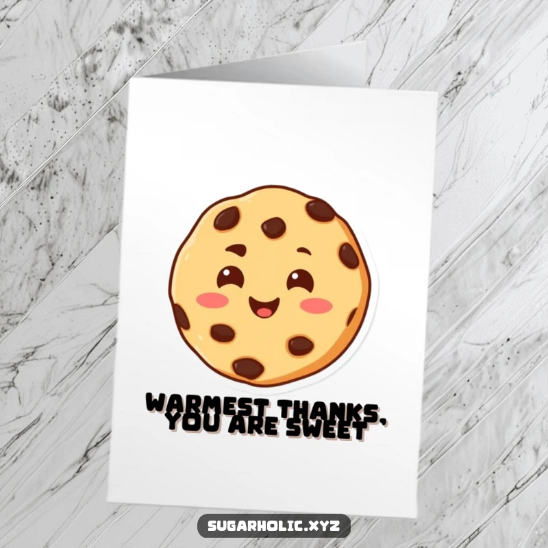 Funny free printable thank you card of a cheerful chocolate chip cookie character happily melting with joy.