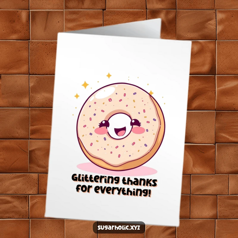 Funny Free Printable Thank You Card: A sparkling donut character joyfully sprinkles glitter, offering thanks with a sweet and shimmering gesture.