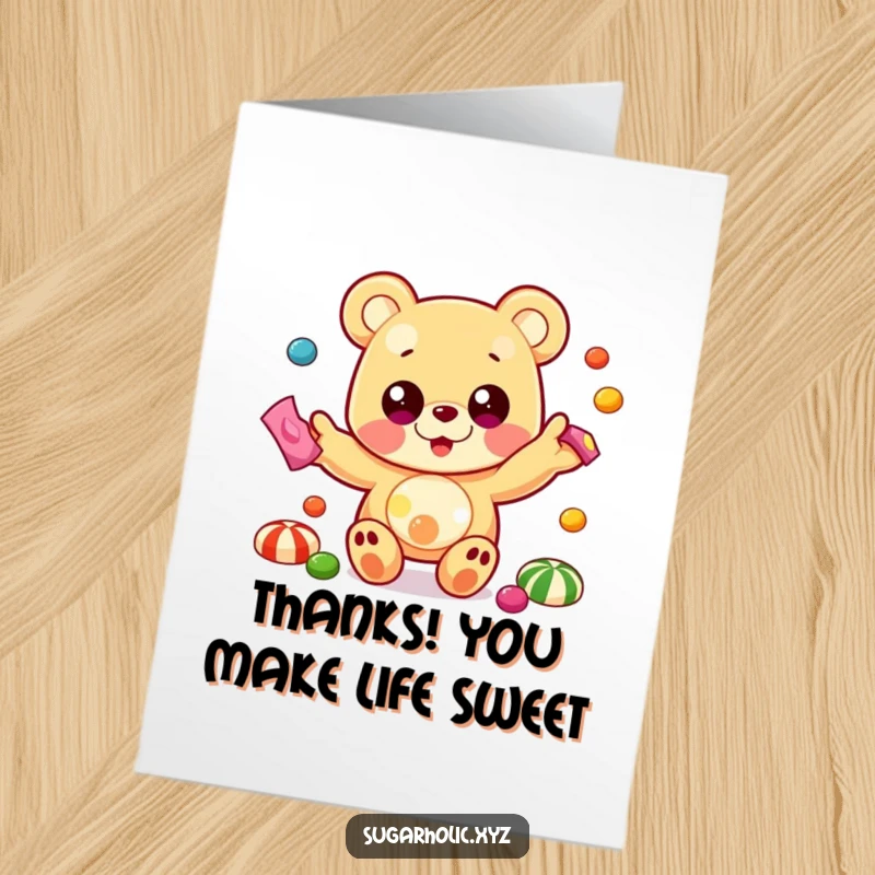 Funny free printable thank you card of a beaming gummy bear with huge eyes, playfully juggling colorful candies.