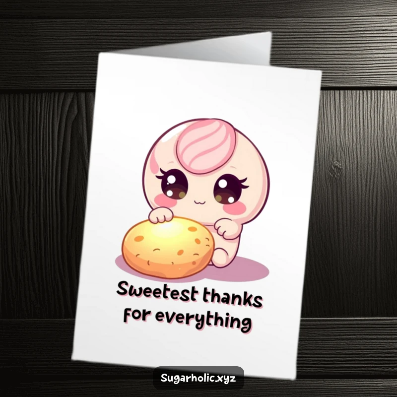 Funny Free Printable Thank You Card: A candy character with dazzling eyes reaching for a luminous cookie, a sweet expression of thanks.