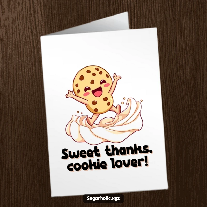 Funny Free Printable Thank You Card: A happy cookie character leaping with excitement into a swirl of delicious frosting.