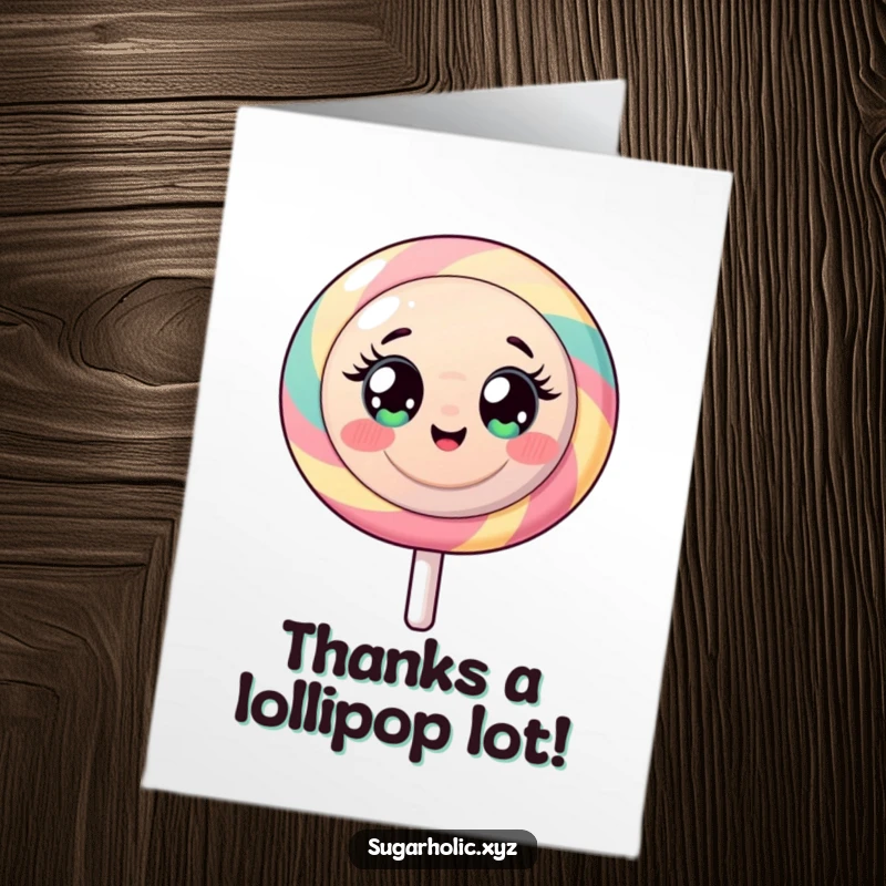 Funny Free Printable Thank You Card: A hyperactive lollipop character sending sweet, energetic thanks with a smile.