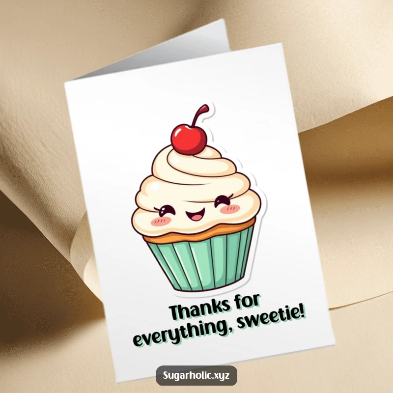 Funny Free Printable Thank You Card: A cheerful cupcake character with a cherry, giving a big thumbs up thank you.