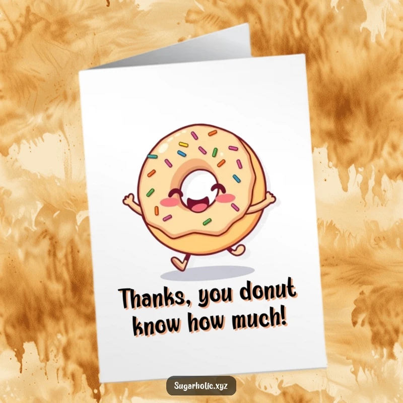 Funny Free Printable Thank You Card featuring a smiling donut mid-hop, adorned with colorful sprinkles.