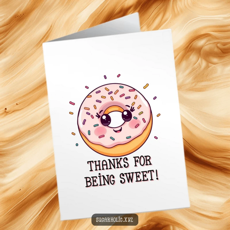Funny Free Printable Thank You Card: A smiling donut with a shower of colorful sprinkles expresses thanks in a delightfully fun way.
