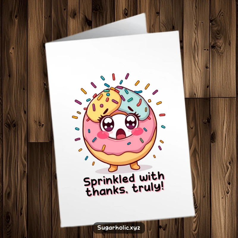 Funny Free Printable Thank You Card: A surprised donut character eyes wide, caught in a delightful explosion of colorful sprinkles, a sweet thank you.