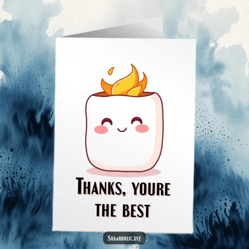 Funny Free Printable Thank You Card: A cheerful marshmallow with a rosy blush being toasted, showing warm and cozy appreciation.