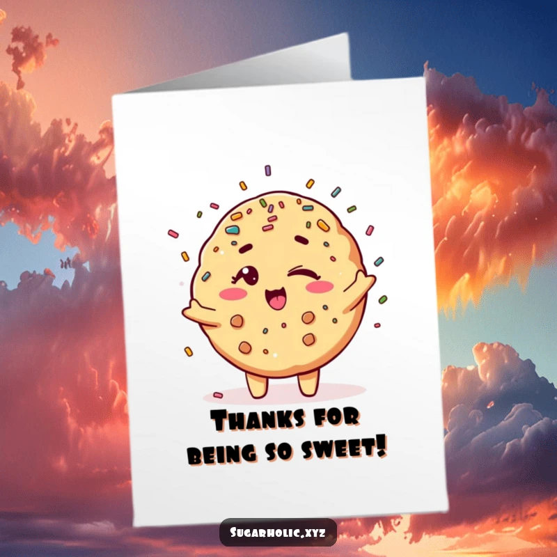 Funny Free Printable Thank You Card: A winking cookie character showers colorful sprinkles, adding a playful touch to gratitude.