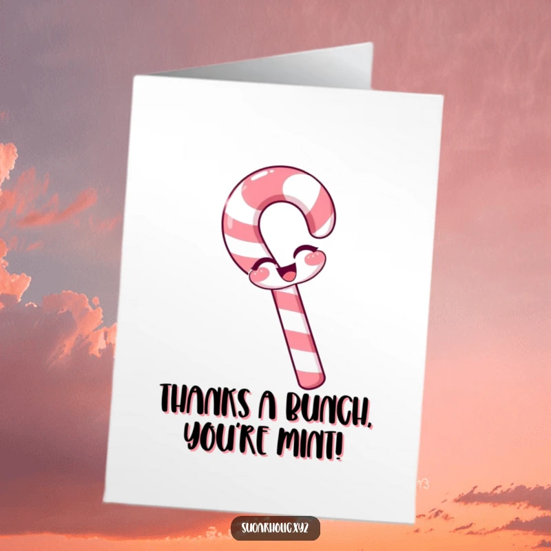 Funny Free Printable Thank You Card: A cheerful candy cane winks playfully while expressing thanks.