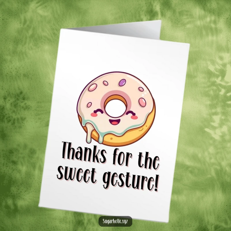 Funny free printable thank you card: a delighted donut with a glaze drip wiggling with glee for thanks.