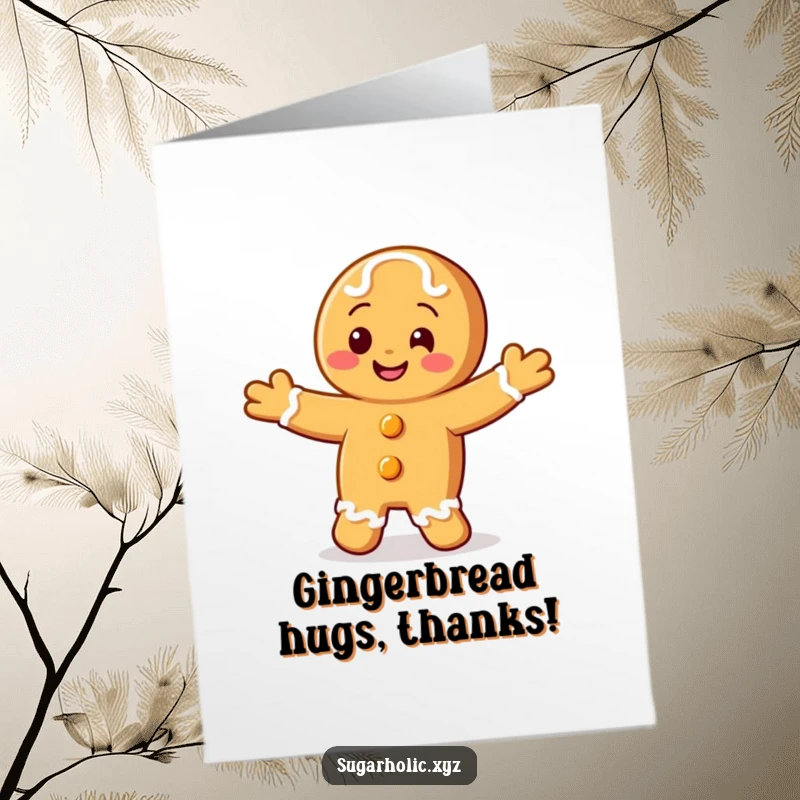 Funny Free Printable Thank You Card: A smiling gingerbread cookie character doing a happy jig while graciously expressing thanks.