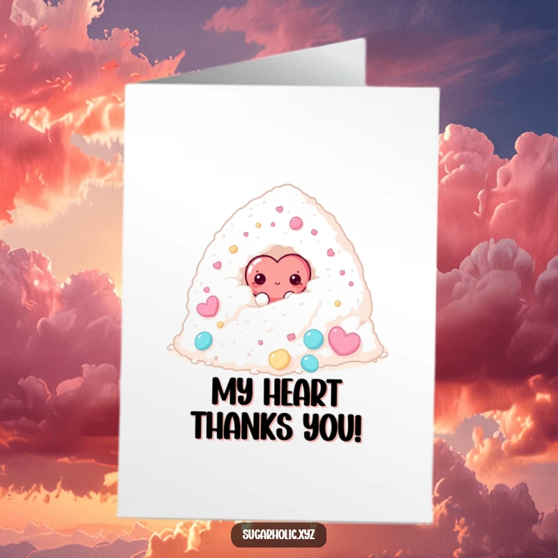 Funny Free Printable Thank You Card: A timid candy heart character peeks out from a large sugar pile, offering a sweet thank you.
