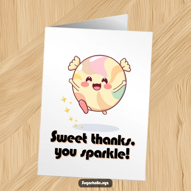 Funny Free Printable Thank You Card: A smiling candy character mid-cartwheel, trailing sparkles of gratitude.