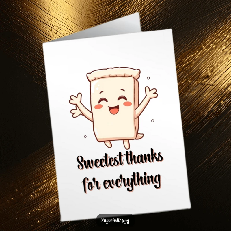 Funny free printable thank you card of a smiling sugar packet character mid-leap, expressing pure delight.