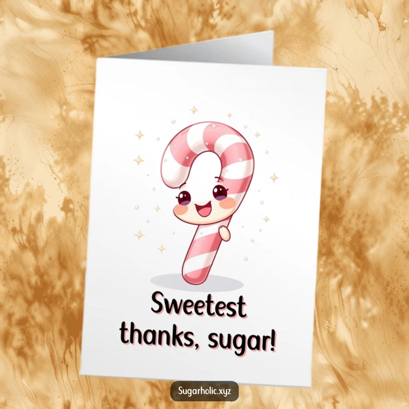 Funny Free Printable Thank You Card: A cheerful candy cane showering itself with sparkling sugar, perfect for a sweet downloadable gift.