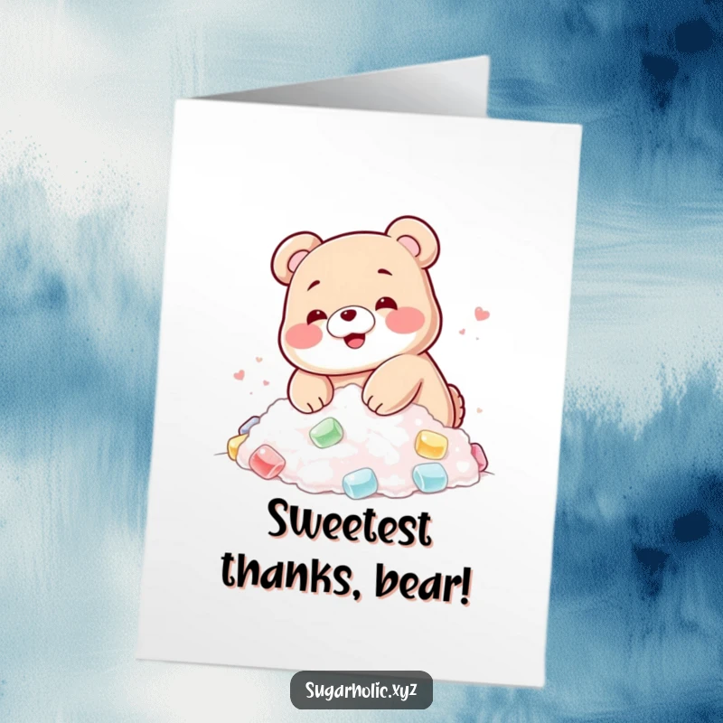 Funny Free Printable Thank You Card: A blushing gummy bear happily diving into a pile of sugar, perfect for a sweet downloadable gift.