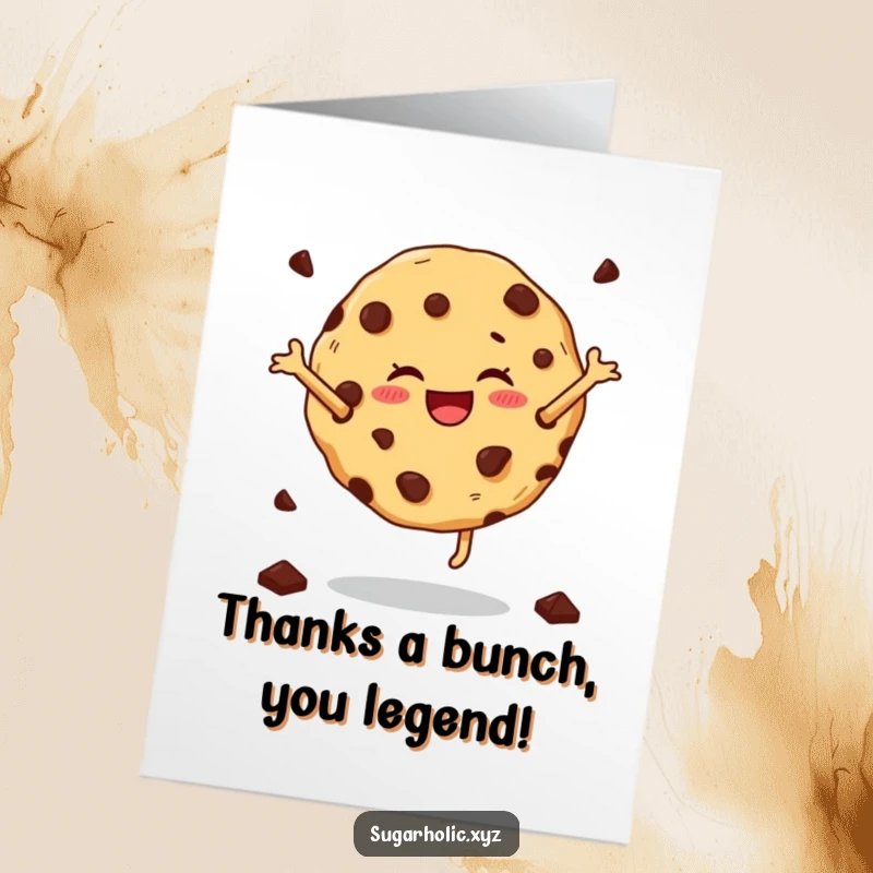 Funny Free Printable Thank You Card: A joyful cookie with chocolate chips doing a cartwheel, sending thanks. A charming DIY thank you.