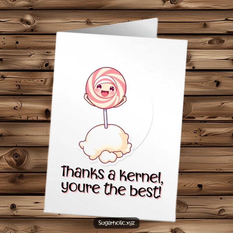 Funny free printable thank you card with a delighted lollipop character joyfully bouncing on a giant popcorn kernel.