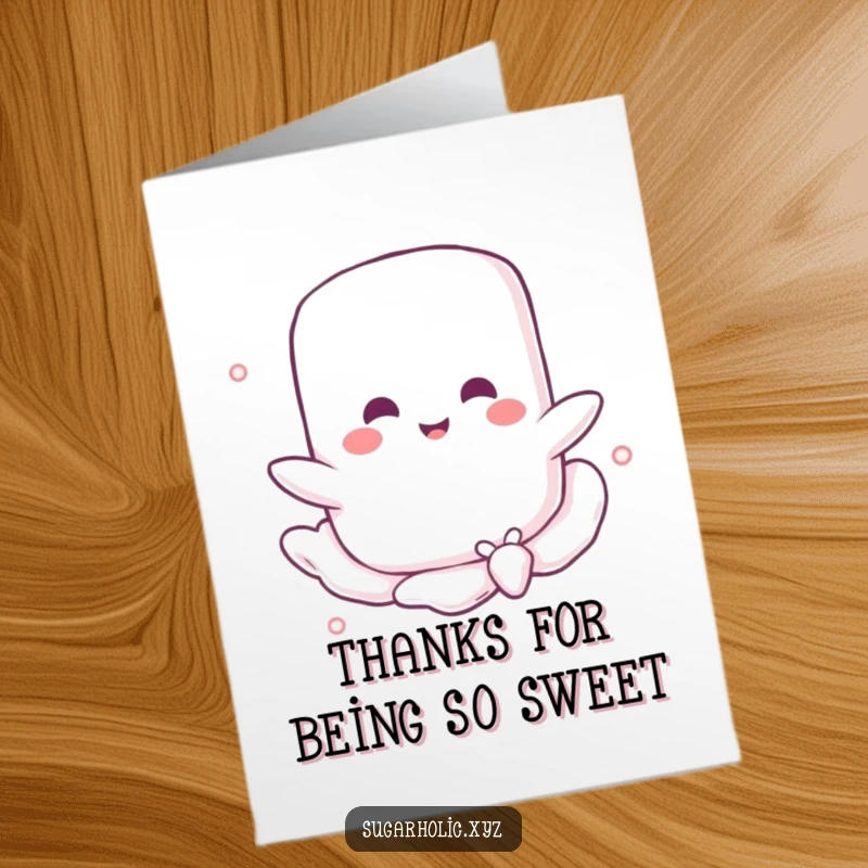 Funny Free Printable Thank You Card with a cheerful marshmallow floating on a sugary breeze, sending sweet gratitude.