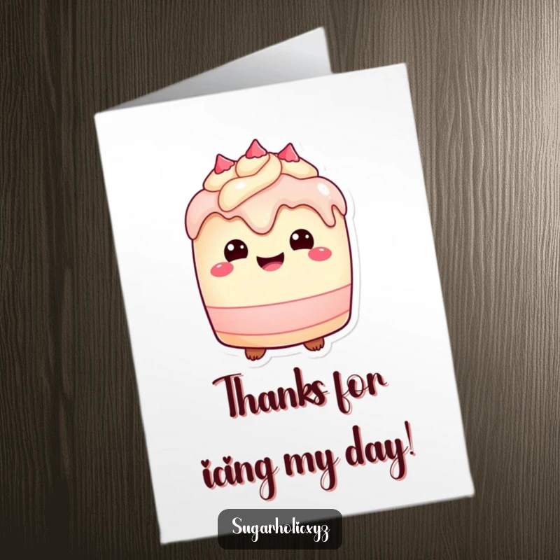 Free Printable Thank You Card: Plump cake character with dripping frosting expresses heartfelt thanks, a yummy DIY gift.