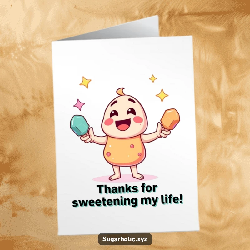Funny free printable thank you card: A smiling candy character expertly juggling three glittering rock candies, full of gratitude.
