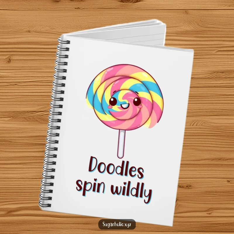 Funny lollipop notebook cover with a gleeful lollipop spinning rapidly with rainbow stripes. Great for journaling and note-taking.