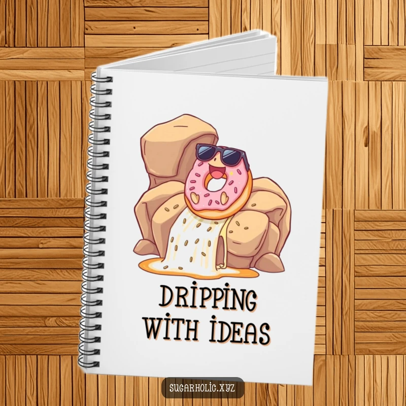 Funny donut with sunglasses sliding down a caramel waterfall on a notebook, encouraging fun notes and creative writing.