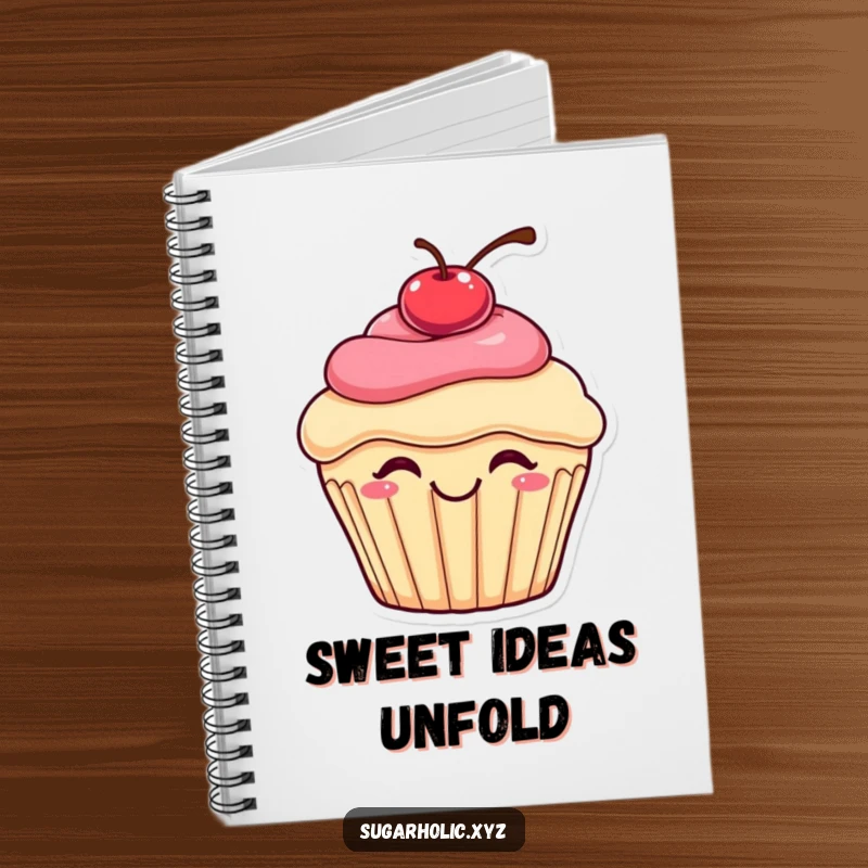 Funny bouncing cupcake notebook featuring a smiling cupcake with a cherry on top, captured in a delightful bounce, ready for your notes.