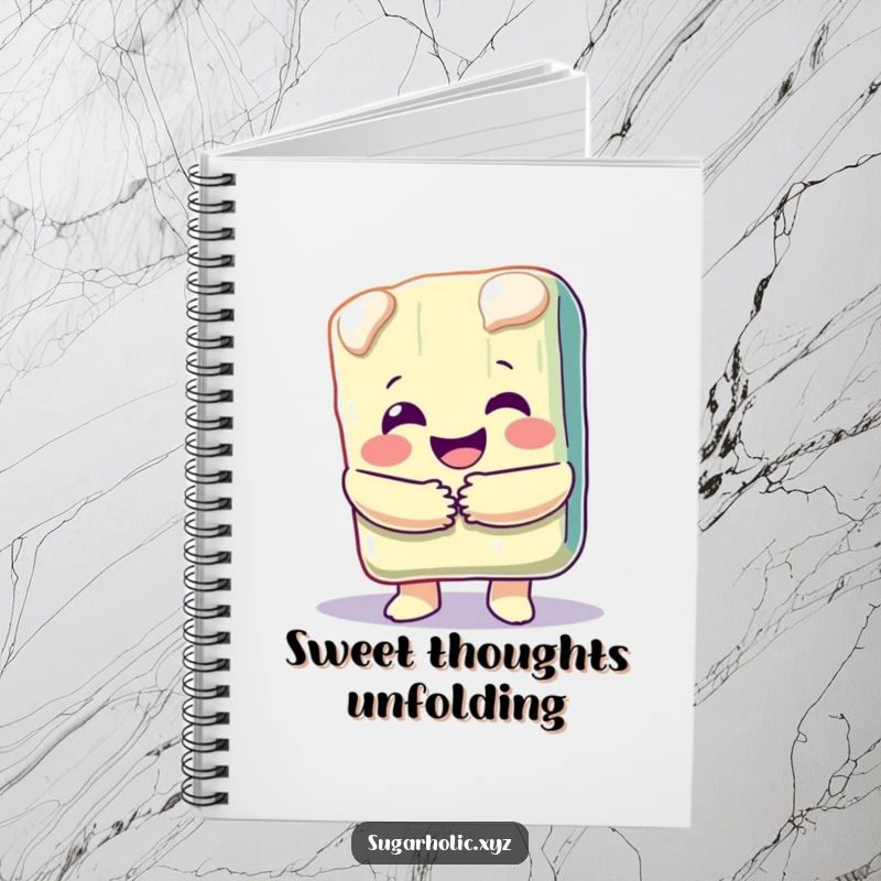 Funny notebook cover with a happy, melting candy bar character giving a generous hug, inspiring sweet thoughts.