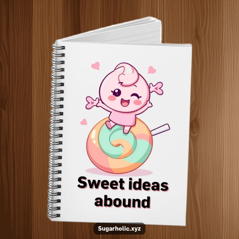 Funny Notebook: Cheerful candy character bounces on a giant lollipop, ideal for jotting down sweet ideas and plans.