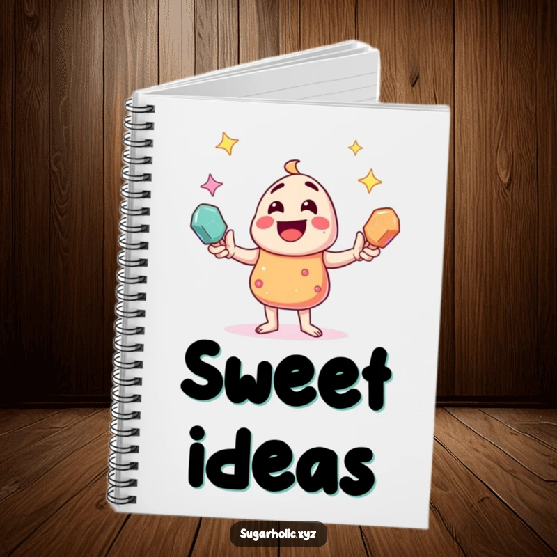 Funny candy character juggling sparkling rock candies, showcased on a notebook cover, inspiring creative thoughts and fun.