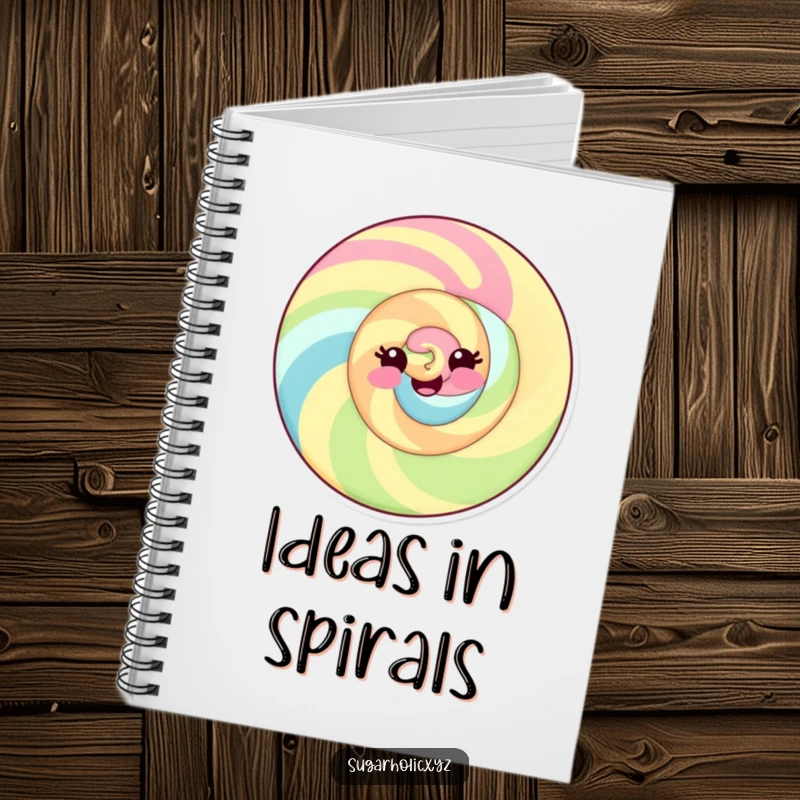 Funny notebook with a delighted candy swirl and a playful smile, ready to capture your best ideas.