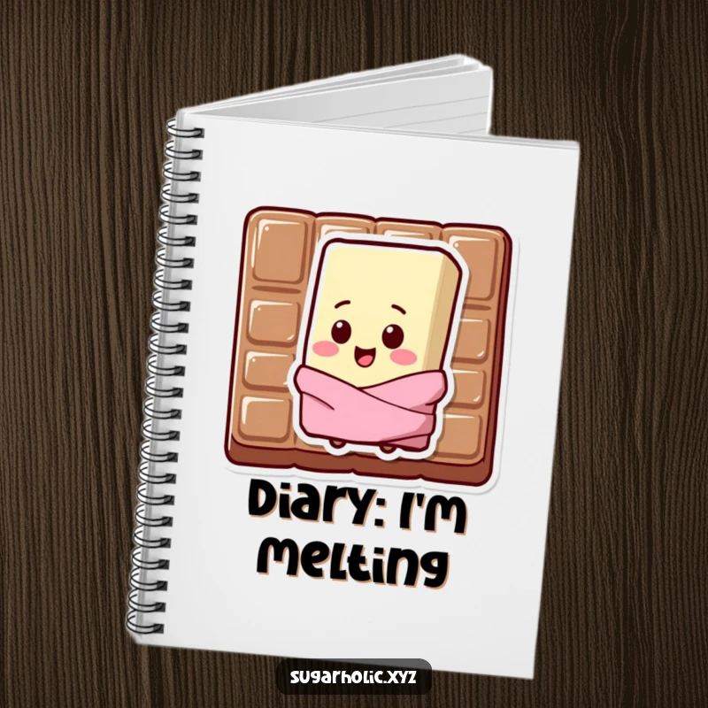 Funny Notebook cover with a sweating chocolate bar character with a happy chip on its shoulder.