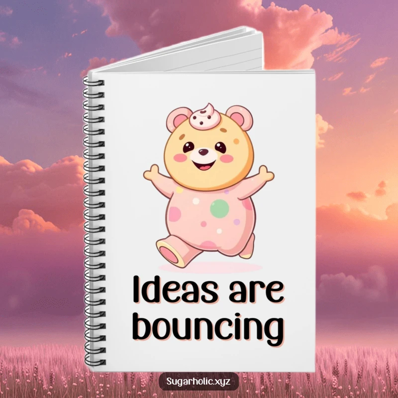 Funny cookie with frosting smile bouncing on a giant gummy bear on a notebook, encouraging fun notes and creative journaling.