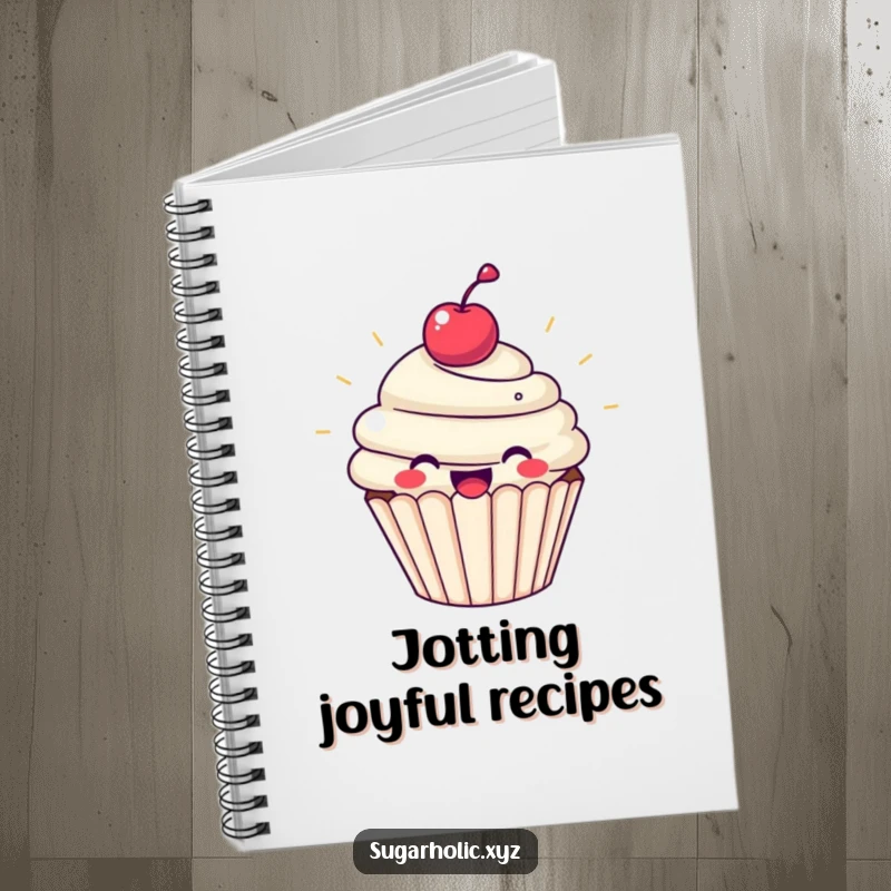 Funny cupcake notebook cover with a beaming cupcake character radiating pure joy. Great for journaling and note-taking.