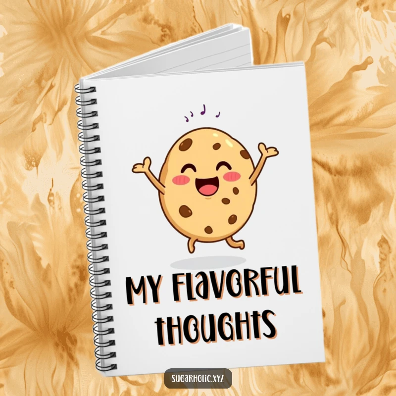 Funny notebook with a happy cookie doing a delighted dance with a sugar sprinkle, ideal for writing.