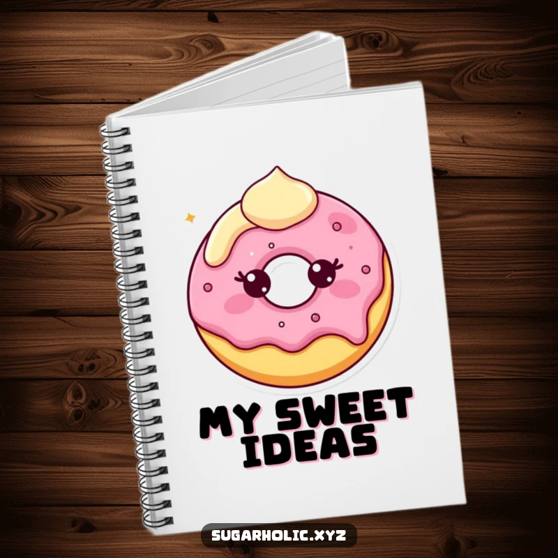 Funny Notebook with a beaming donut character, perfect for jotting down sweet ideas and inspired thoughts with a smile.