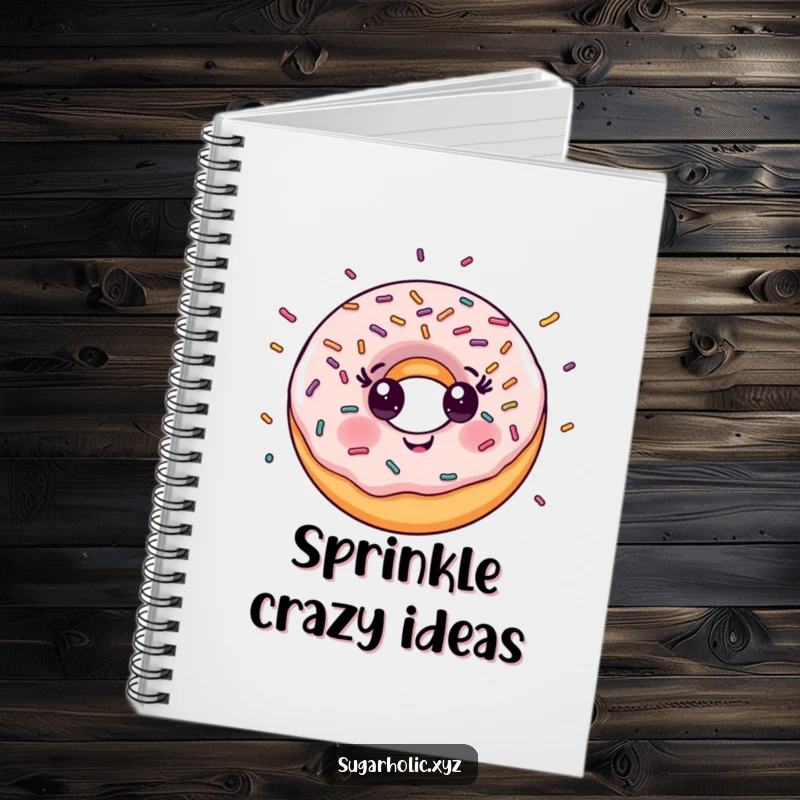 Funny Notebook: Smiling donut character with a delightful explosion of sprinkles, ideal for jotting down sweet ideas.