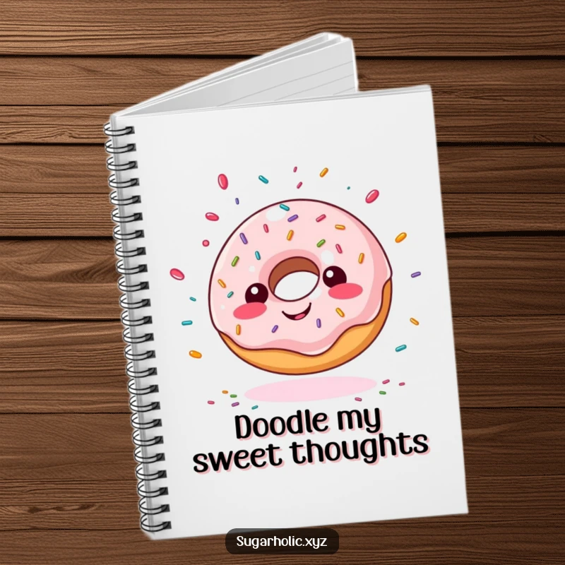 Funny giddy doughnut notebook, with sprinkles flying wildly, perfect for humorous note-taking and creative gifts.