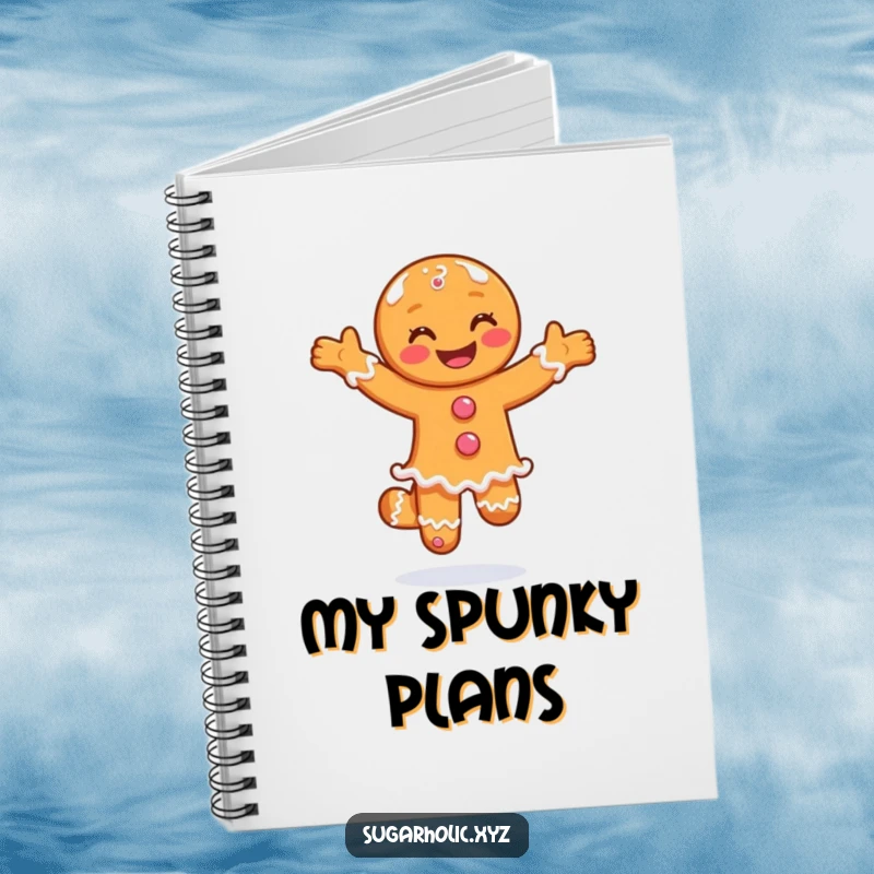 Funny notebook with a smiling gingerbread man doing a joyful pirouette in sugar, ideal for holiday notes.